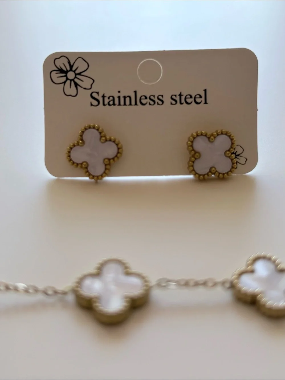 Gold Clover Bracelet & Stud Earrings Set